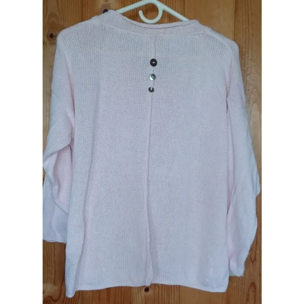 Petal Pink Hand Knit Sweater Women's XL Button Accents Exposed Seams Boxy Fit - Picture 2 of 5